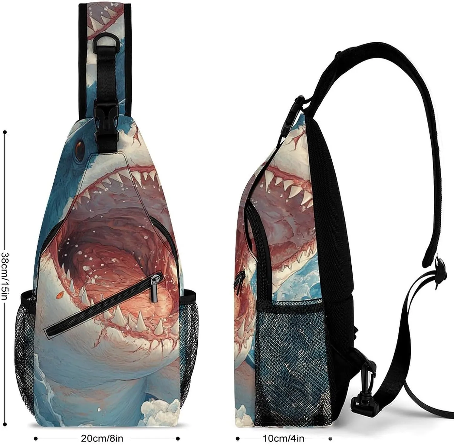 Sling Bag Chest Crossbody Backpack Shark Open Mouth Travel Hiking Daypack for Women Men with Strap Purse Lightweight Chest Bags