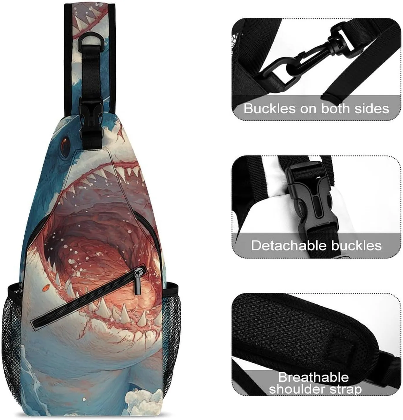 Sling Bag Chest Crossbody Backpack Shark Open Mouth Travel Hiking Daypack for Women Men with Strap Purse Lightweight Chest Bags