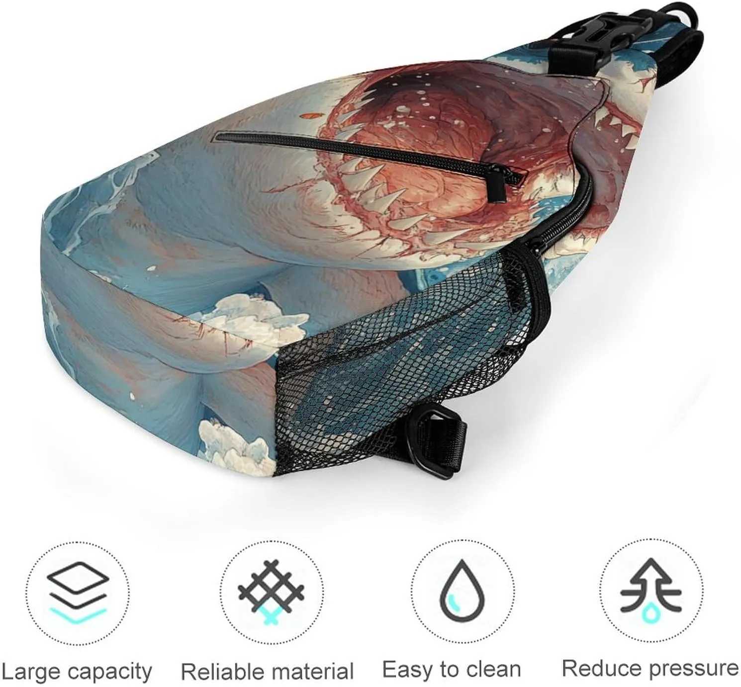 Sling Bag Chest Crossbody Backpack Shark Open Mouth Travel Hiking Daypack for Women Men with Strap Purse Lightweight Chest Bags