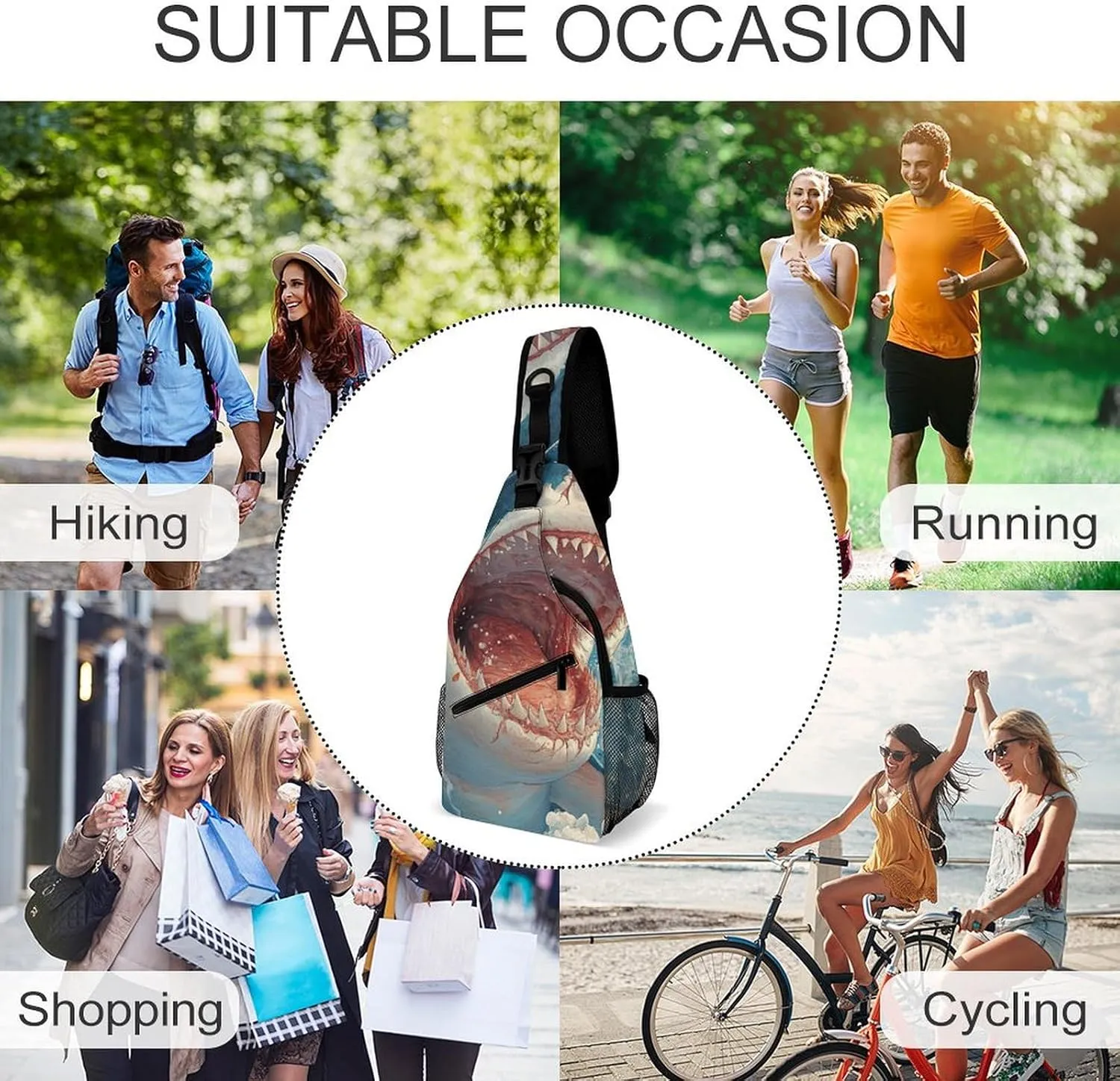 Sling Bag Chest Crossbody Backpack Shark Open Mouth Travel Hiking Daypack for Women Men with Strap Purse Lightweight Chest Bags