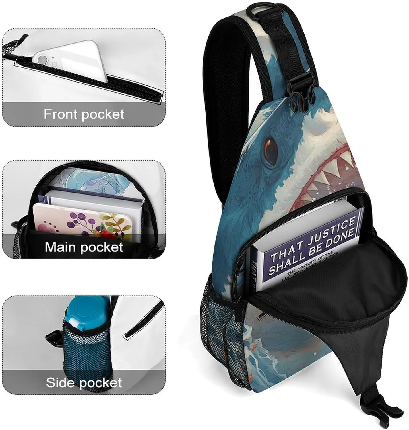 Sling Bag Chest Crossbody Backpack Shark Open Mouth Travel Hiking Daypack for Women Men with Strap Purse Lightweight Chest Bags