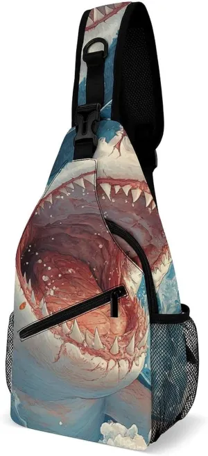 Sling Bag Chest Crossbody Backpack Shark Open Mouth Travel Hiking Daypack for Women Men with Strap Purse Lightweight Chest Bags