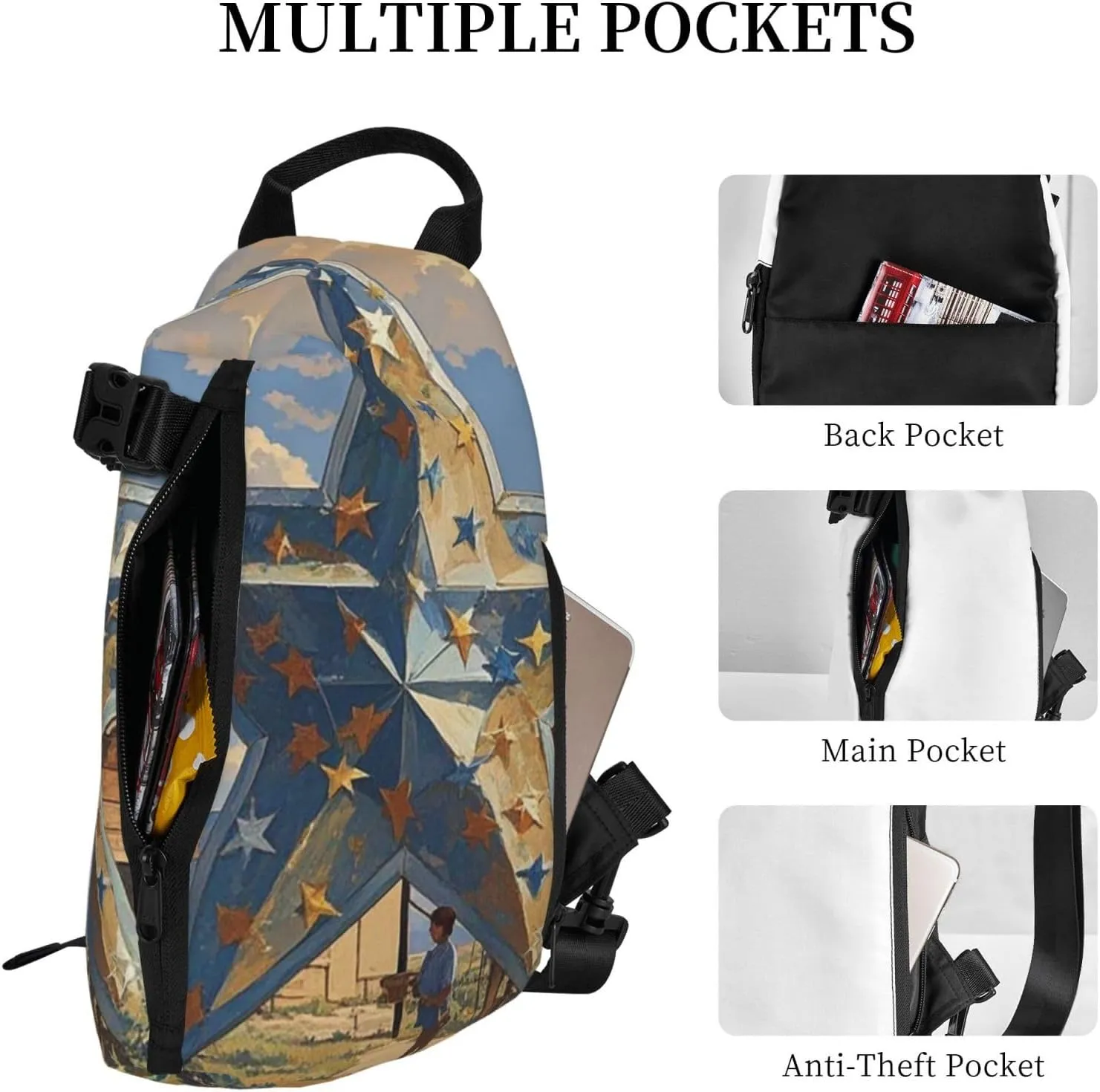 Sling Bag Crossbody Backpack for Men Women American Wastern Texas Star Chest Bag Crossbody Bag for Travel Sport Running