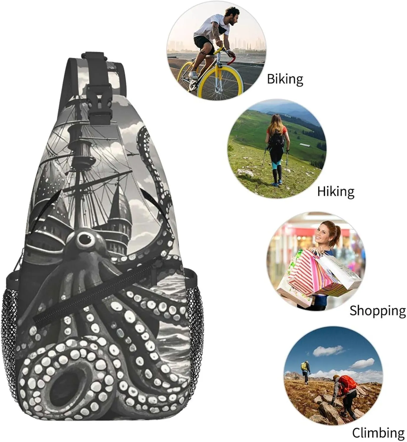Sling Bag Crossbody Backpack for Men Women Black and White Octopus and Ship Chest Bag Crossbody Bag for Travel Sport Running