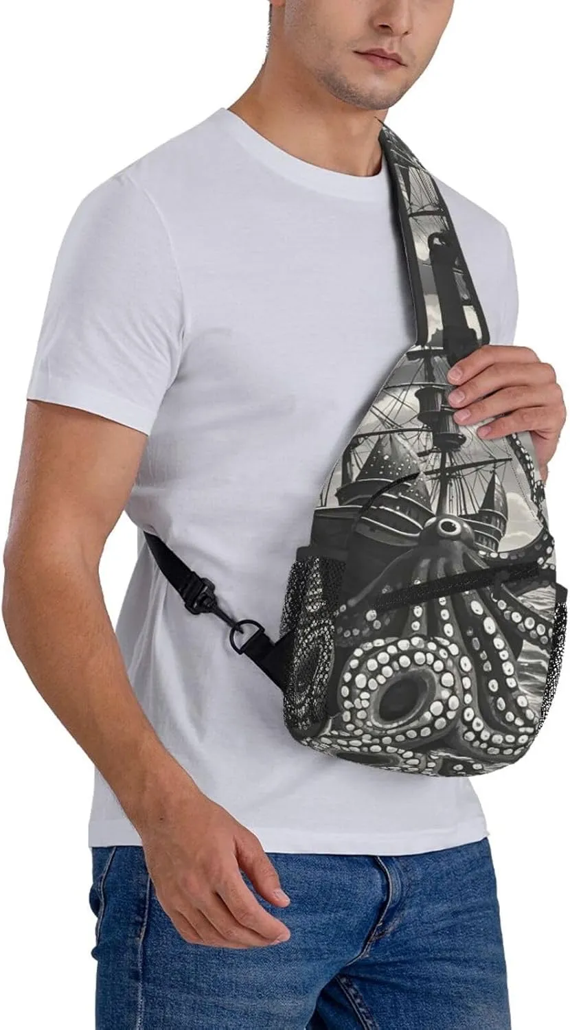 Sling Bag Crossbody Backpack for Men Women Black and White Octopus and Ship Chest Bag Crossbody Bag for Travel Sport Running