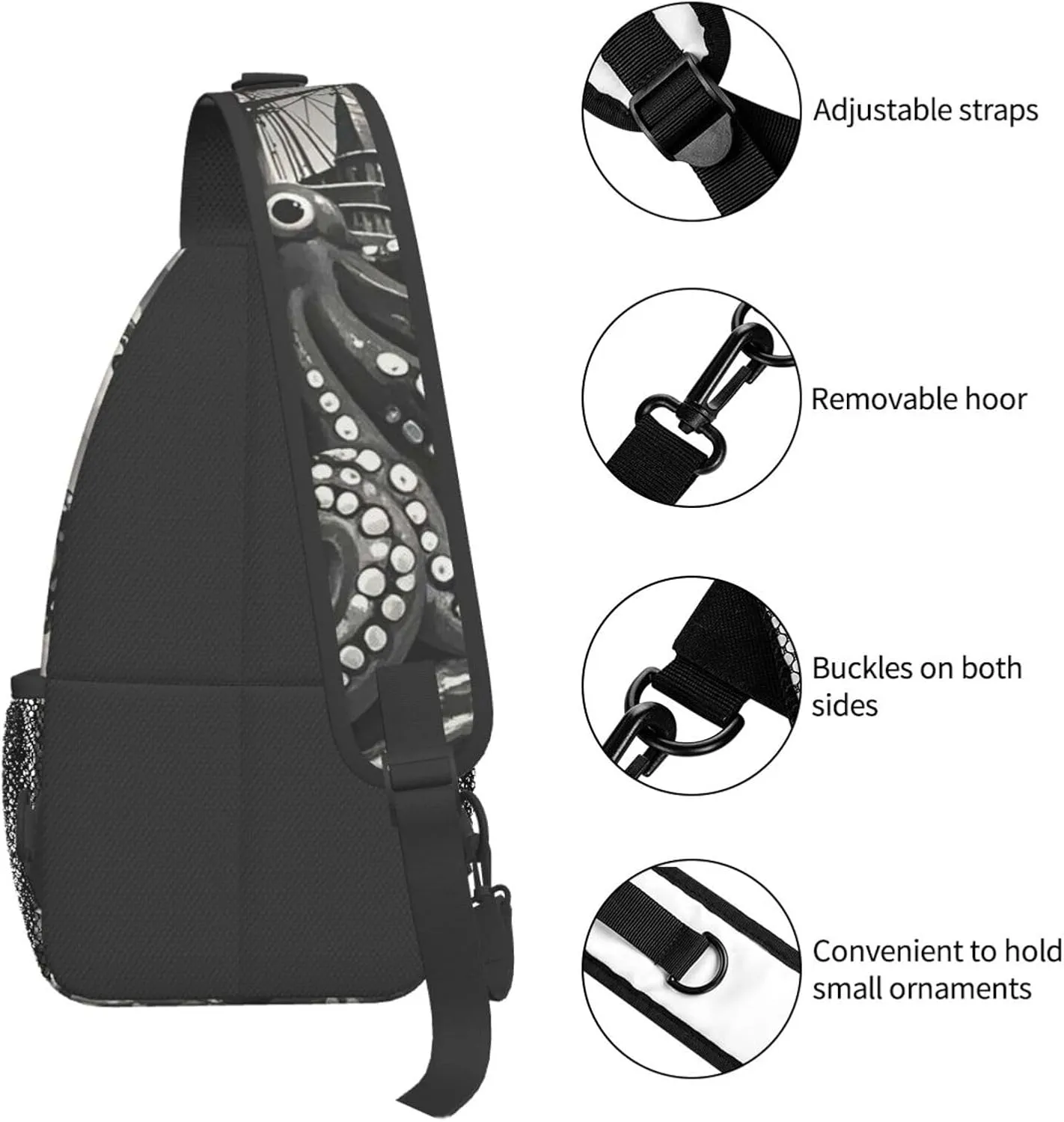 Sling Bag Crossbody Backpack for Men Women Black and White Octopus and Ship Chest Bag Crossbody Bag for Travel Sport Running