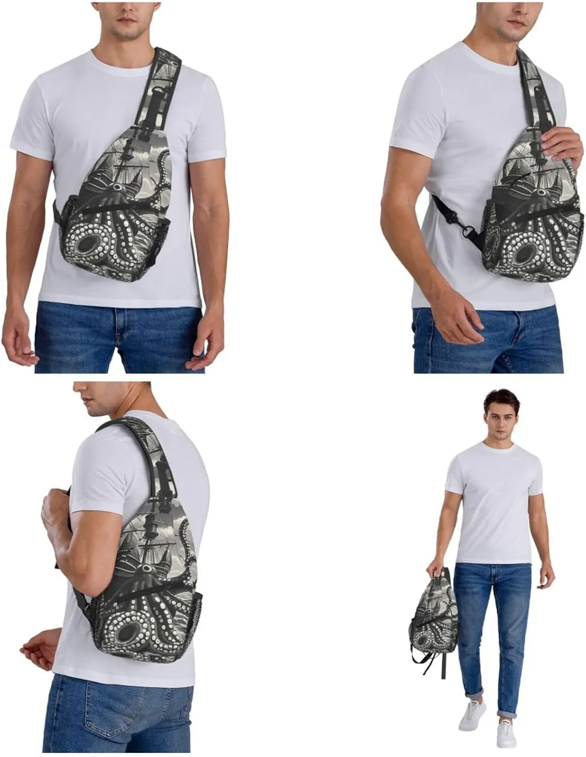 Sling Bag Crossbody Backpack for Men Women Black and White Octopus and Ship Chest Bag Crossbody Bag for Travel Sport Running