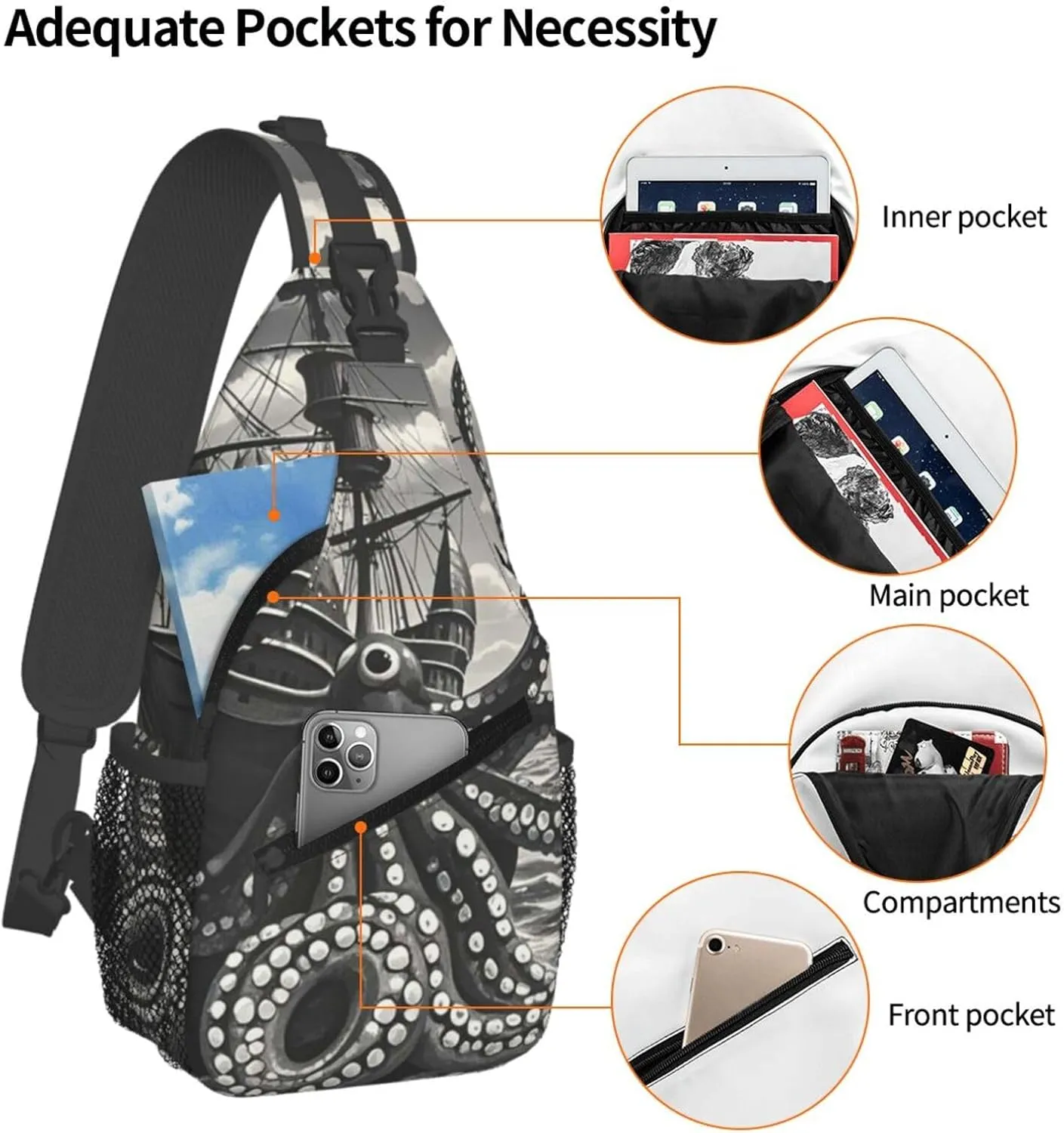Sling Bag Crossbody Backpack for Men Women Black and White Octopus and Ship Chest Bag Crossbody Bag for Travel Sport Running