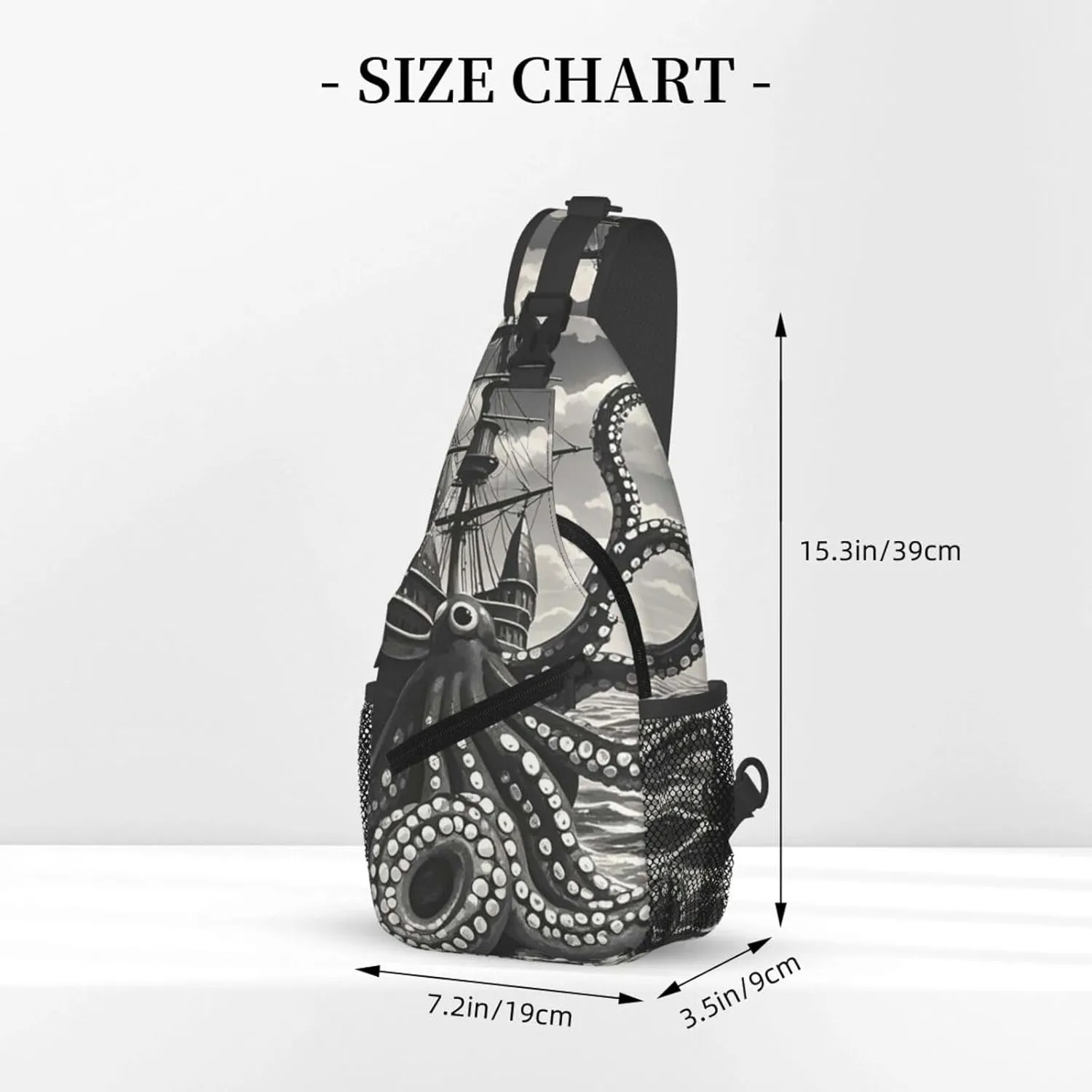 Sling Bag Crossbody Backpack for Men Women Black and White Octopus and Ship Chest Bag Crossbody Bag for Travel Sport Running