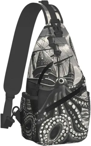 Sling Bag Crossbody Backpack for Men Women Black and White Octopus and Ship Chest Bag Crossbody Bag for Travel Sport Running