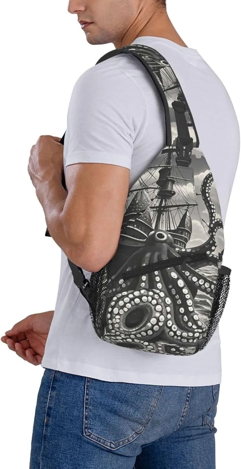 Sling Bag Crossbody Backpack for Men Women Black and White Octopus and Ship Chest Bag Crossbody Bag for Travel Sport Running