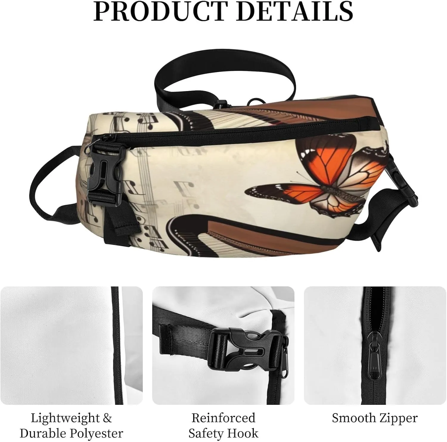 Sling Bag Crossbody Backpack for Men Women Butterfly Harp Chest Bag Crossbody Bag for Travel Sport Running