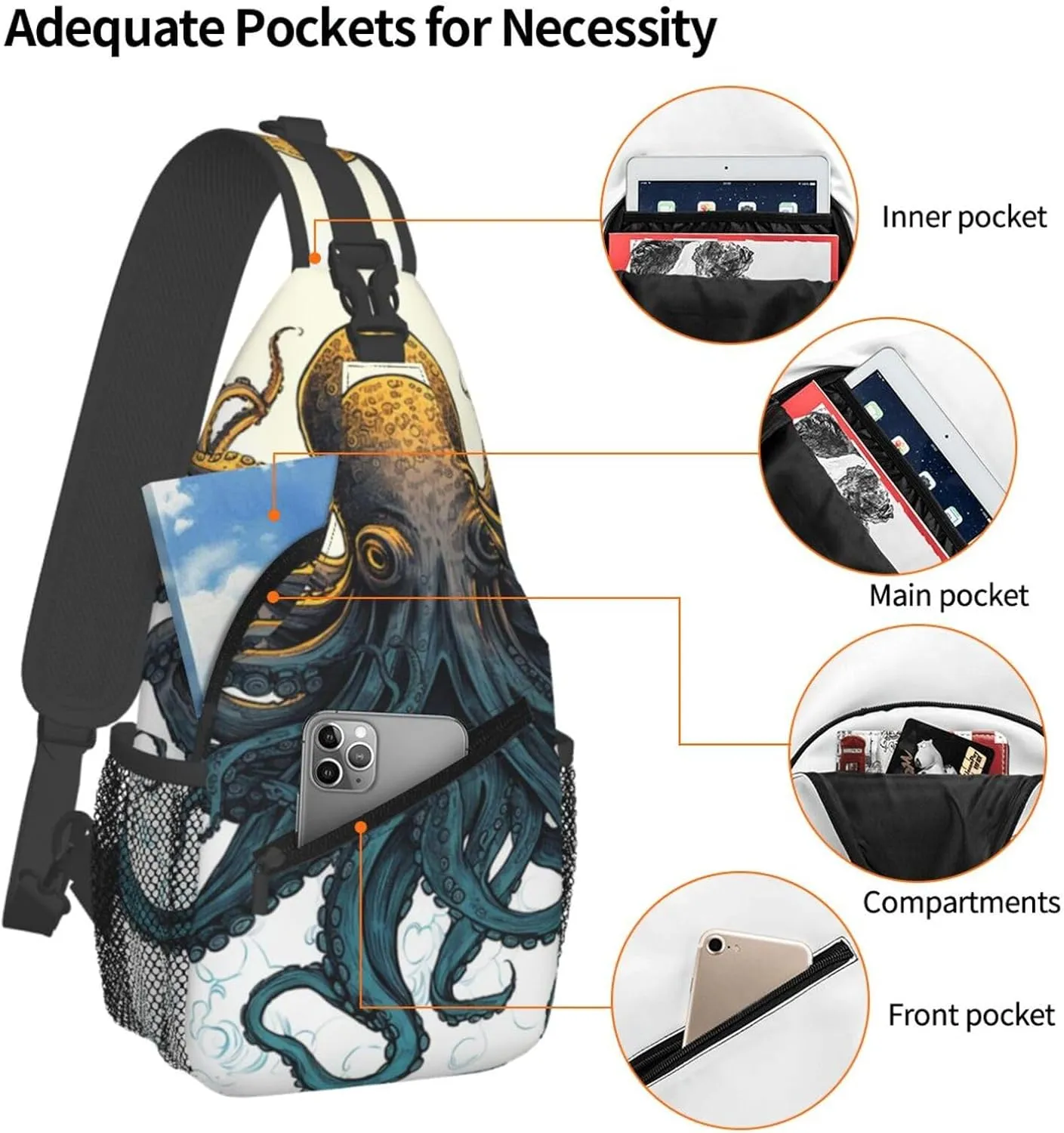 Sling Bag Crossbody Backpack for Men Women Sun Ocean Octopus Chest Bag Crossbody Bag for Travel Sport Running