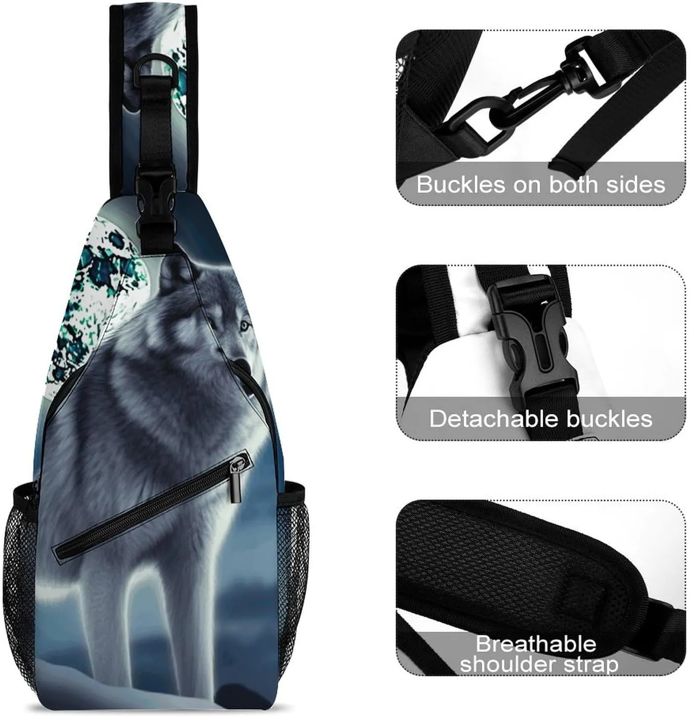 Sling Bag Crossbody Backpack for Men Women Wolf Under Moon Chest Bag Crossbody Bag for Travel Sport Running