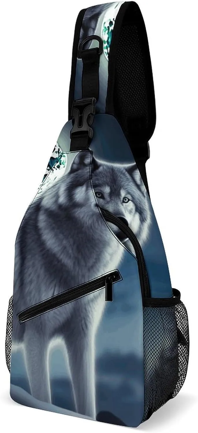 Sling Bag Crossbody Backpack for Men Women Wolf Under Moon Chest Bag Crossbody Bag for Travel Sport Running