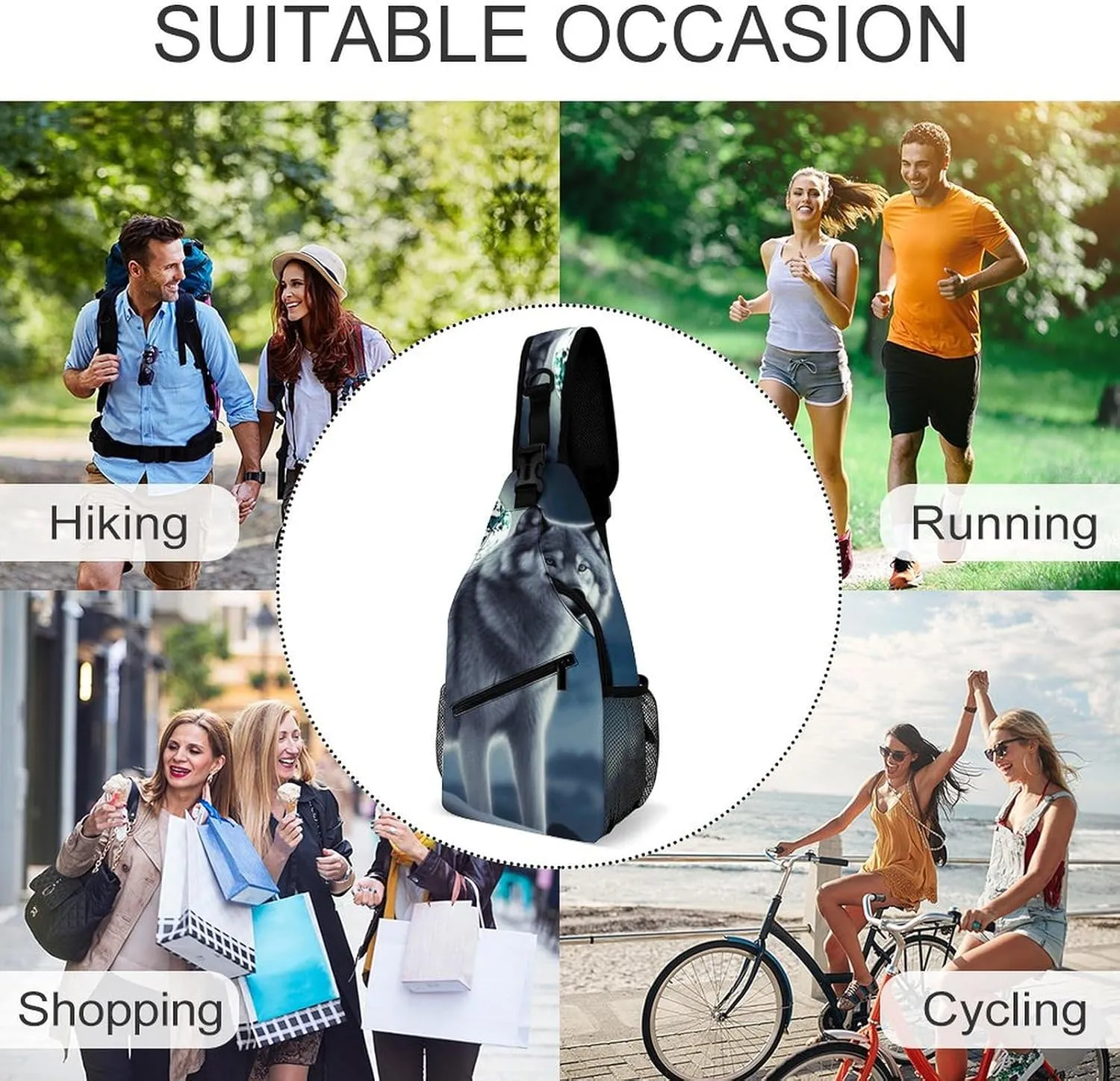 Sling Bag Crossbody Backpack for Men Women Wolf Under Moon Chest Bag Crossbody Bag for Travel Sport Running