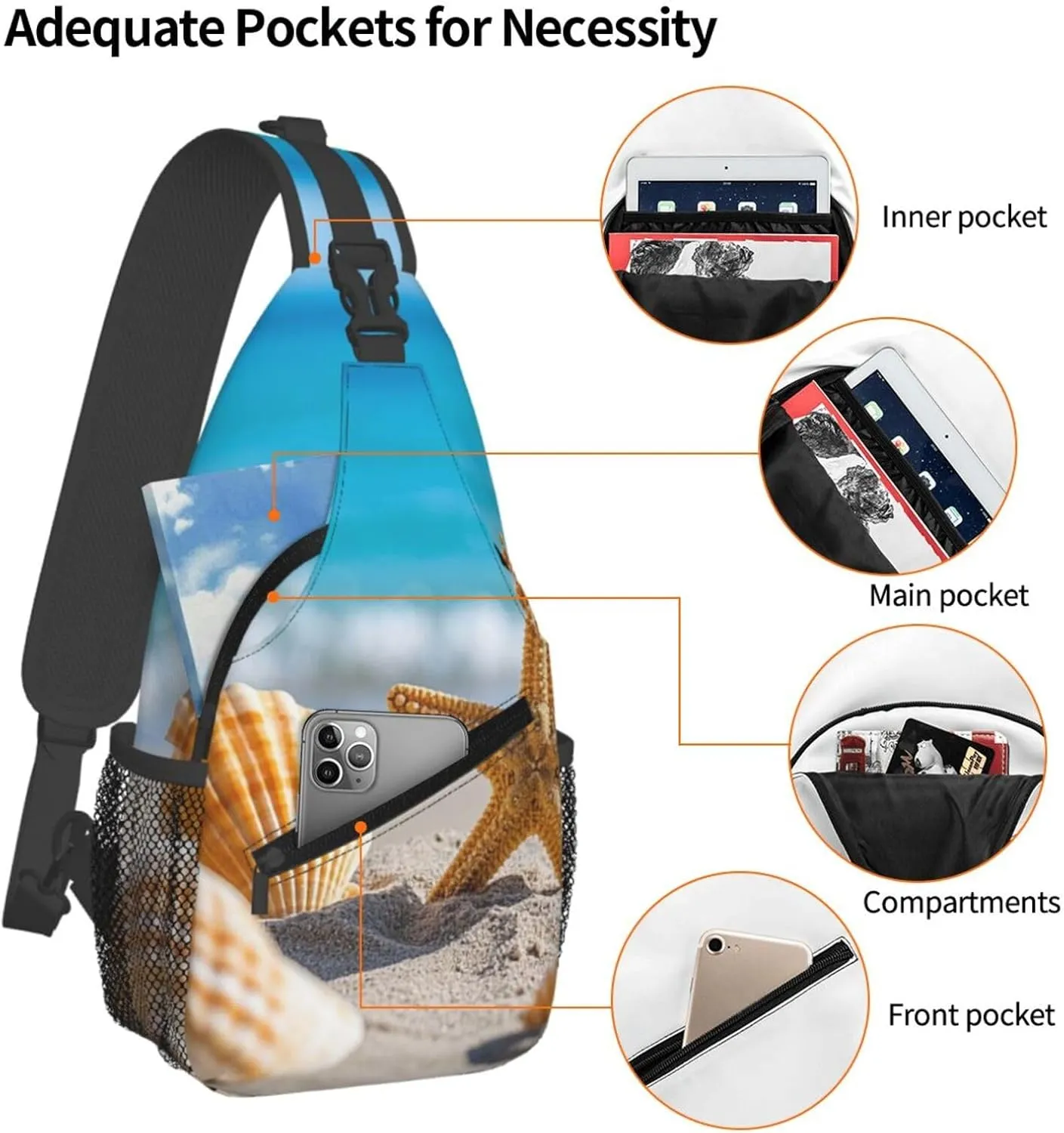 Sling Bag for Men Women Crossbody Backpack Beach Seashells Starfishs Crossbody Bag Chest Bag for Travel Sport