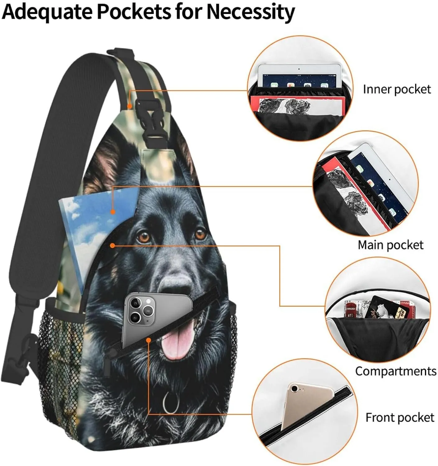 Sling Bag for Men Women Crossbody Backpack Black german shepherd dog Crossbody Bag Chest Bag for Travel Sport