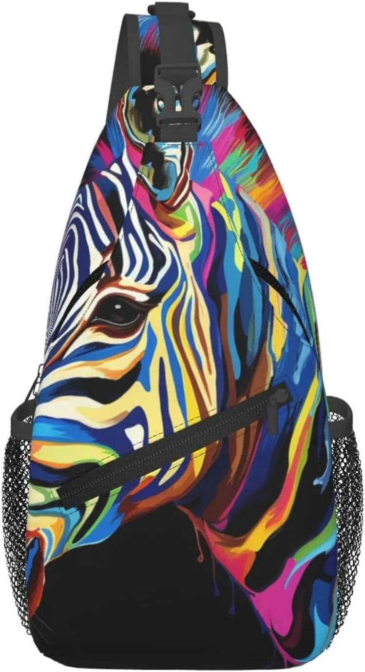 Sling Bag for Men Women Crossbody Backpack Colorful zebra on black background Crossbody Bag Chest Bag for Travel Sport