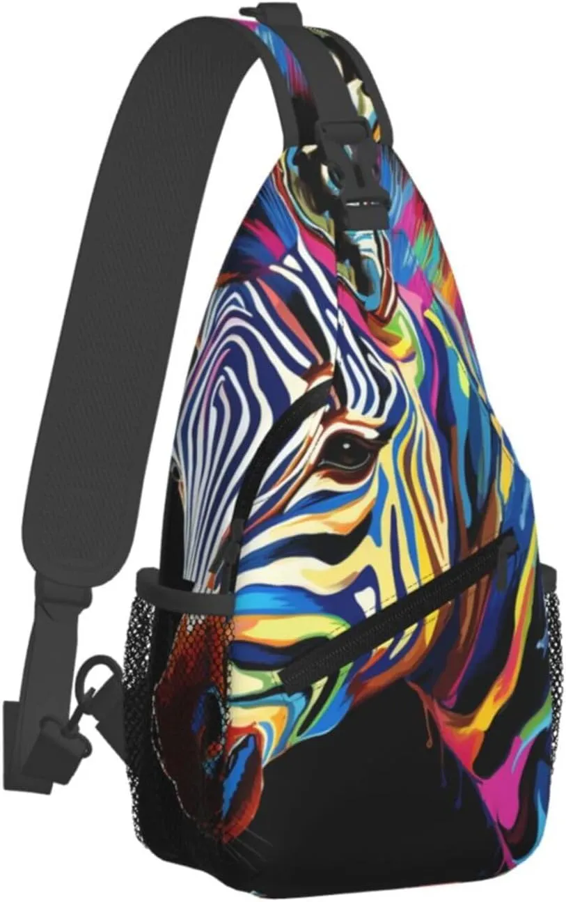 Sling Bag for Men Women Crossbody Backpack Colorful zebra on black background Crossbody Bag Chest Bag for Travel Sport
