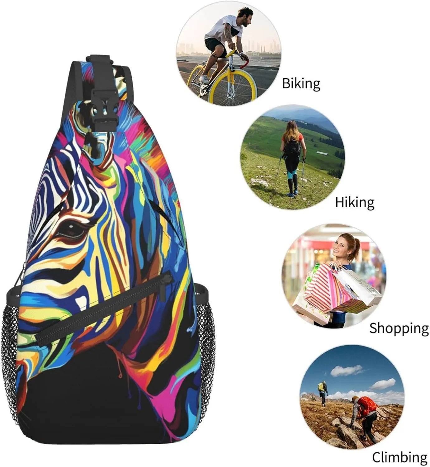 Sling Bag for Men Women Crossbody Backpack Colorful zebra on black background Crossbody Bag Chest Bag for Travel Sport