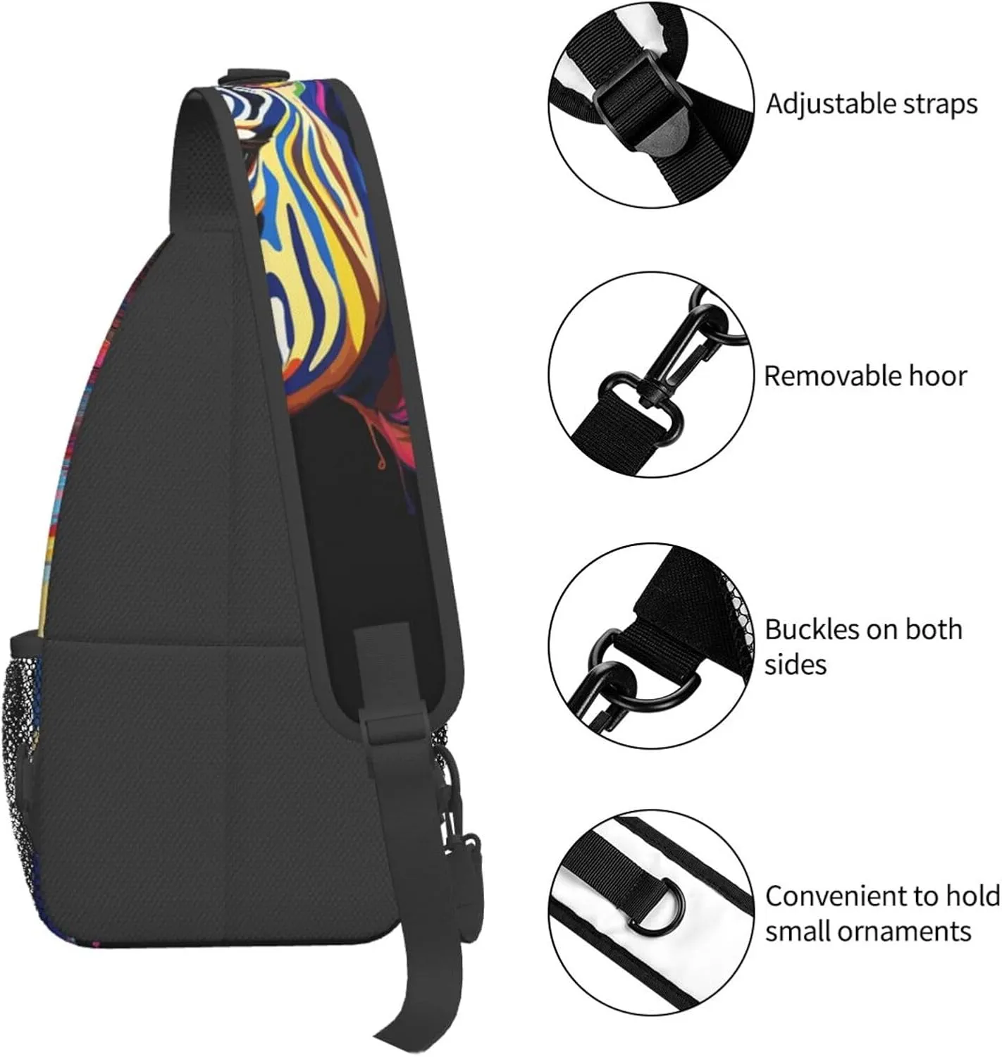Sling Bag for Men Women Crossbody Backpack Colorful zebra on black background Crossbody Bag Chest Bag for Travel Sport