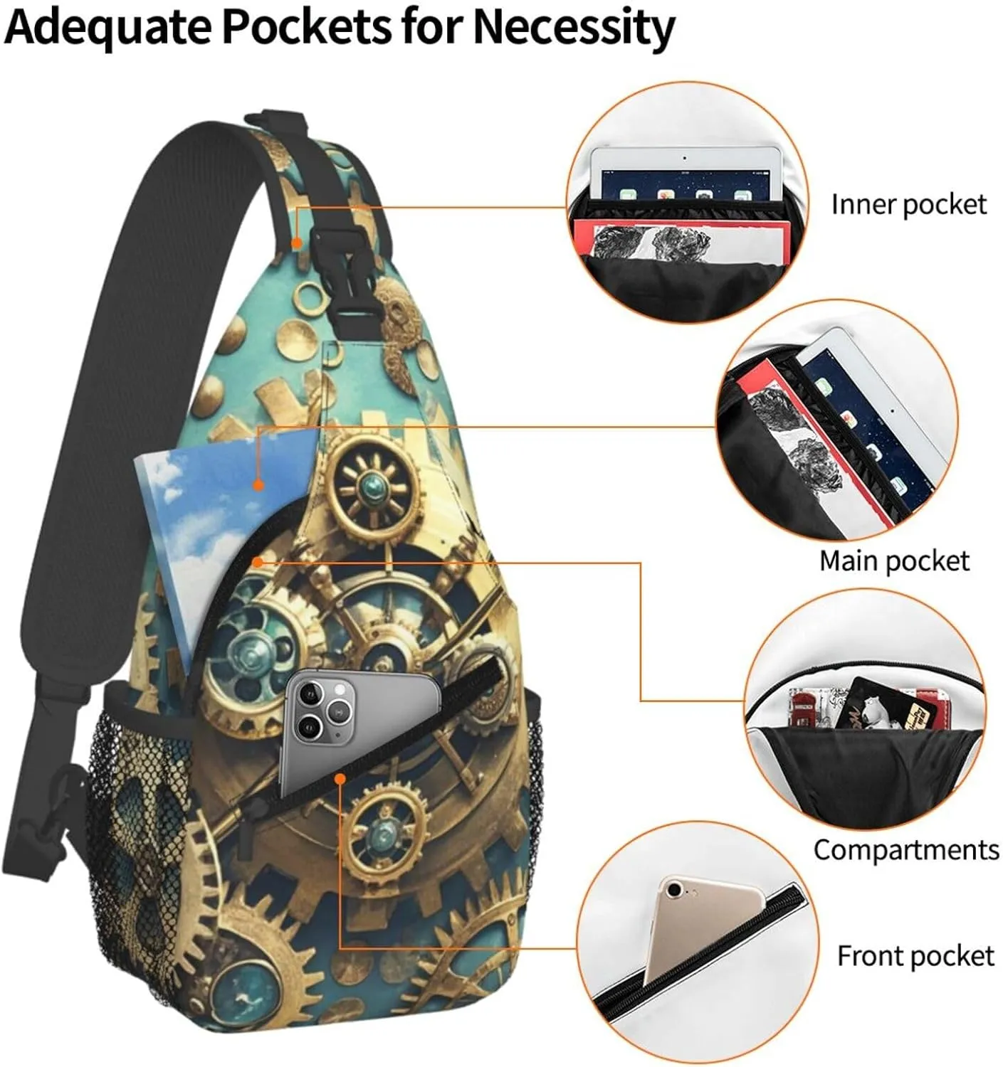 Sling Bag for Men Women Crossbody Backpack Cool Steampunk Gears Crossbody Bag Chest Bag for Travel Sport