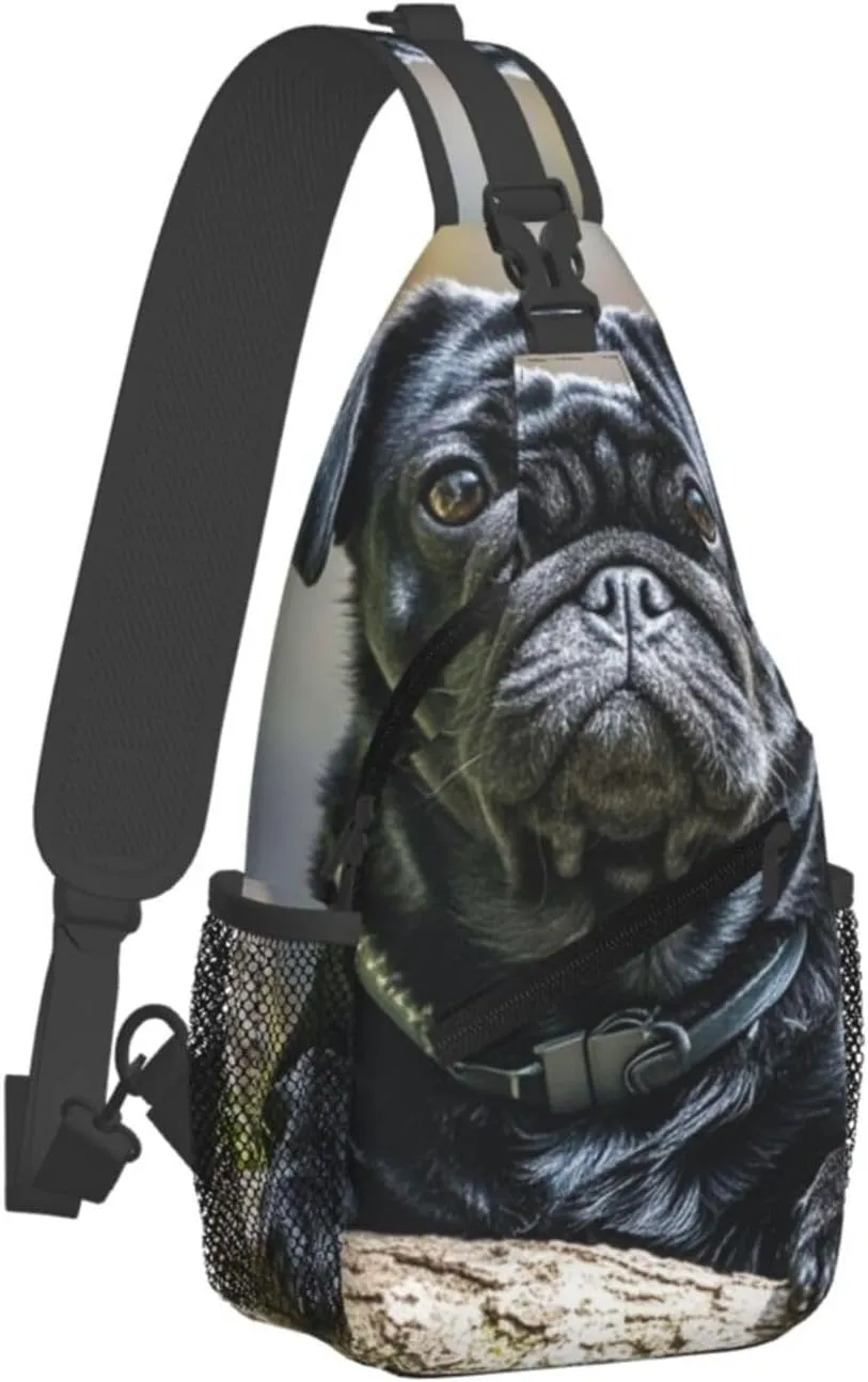 Sling Bag for Men Women Crossbody Backpack Cute Black Pug Dog (5) Crossbody Bag Chest Bag for Travel Sport