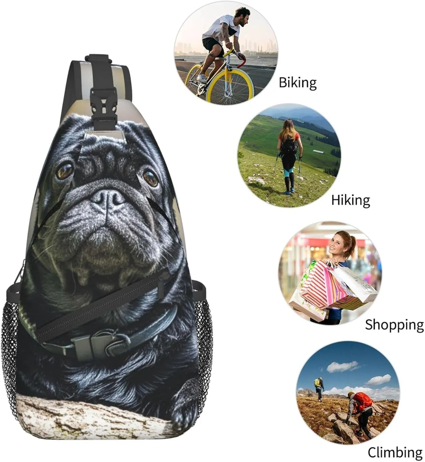 Sling Bag for Men Women Crossbody Backpack Cute Black Pug Dog (5) Crossbody Bag Chest Bag for Travel Sport
