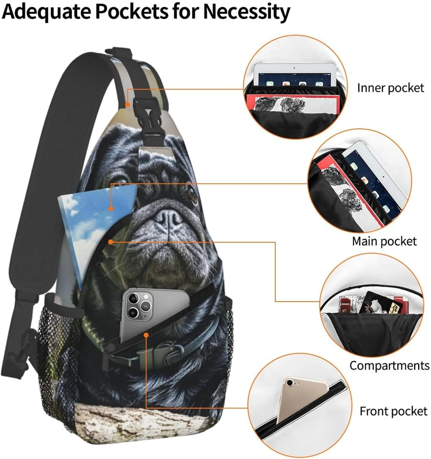 Sling Bag for Men Women Crossbody Backpack Cute Black Pug Dog (5) Crossbody Bag Chest Bag for Travel Sport