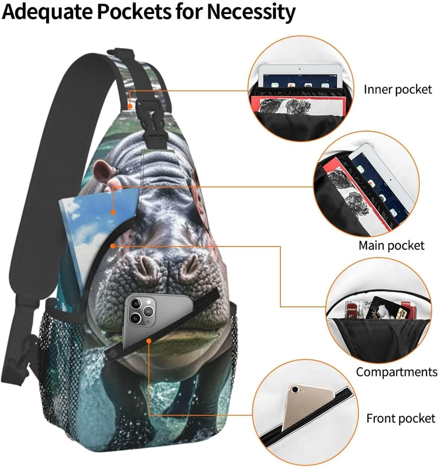 Sling Bag for Men Women Crossbody Backpack Diving Hippo Crossbody Bag Chest Bag for Travel Sport