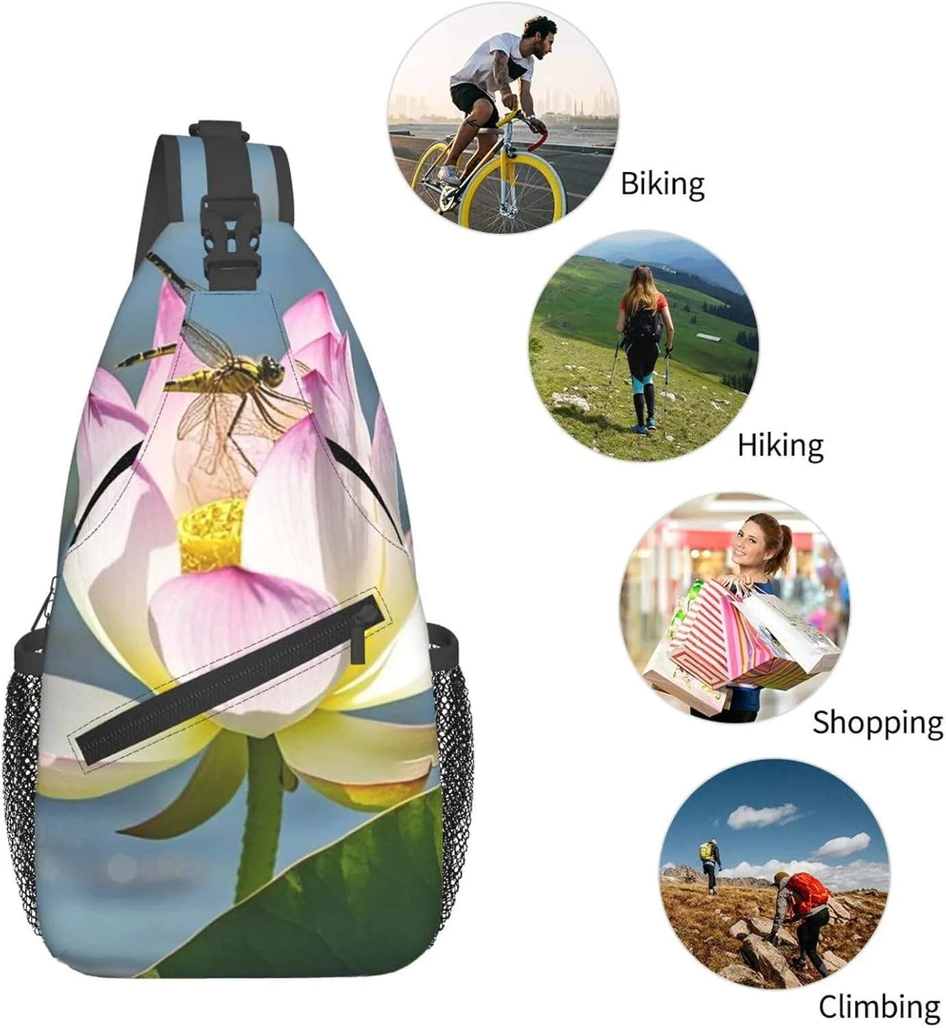 Sling Bag for Men Women Crossbody Backpack Lotus Flower and Dragonfly Crossbody Bag Chest Bag for Travel Sport