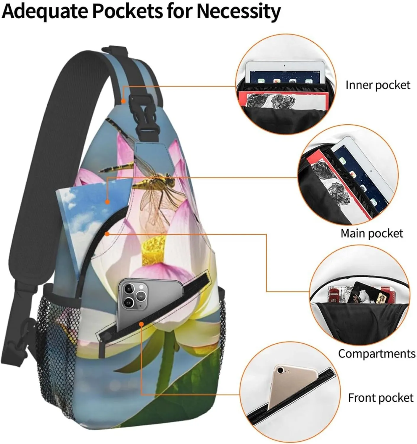 Sling Bag for Men Women Crossbody Backpack Lotus Flower and Dragonfly Crossbody Bag Chest Bag for Travel Sport