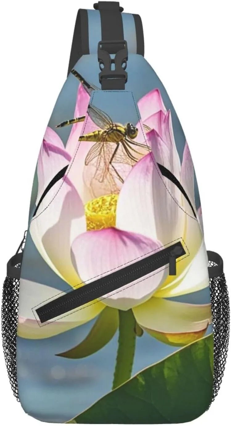 Sling Bag for Men Women Crossbody Backpack Lotus Flower and Dragonfly Crossbody Bag Chest Bag for Travel Sport
