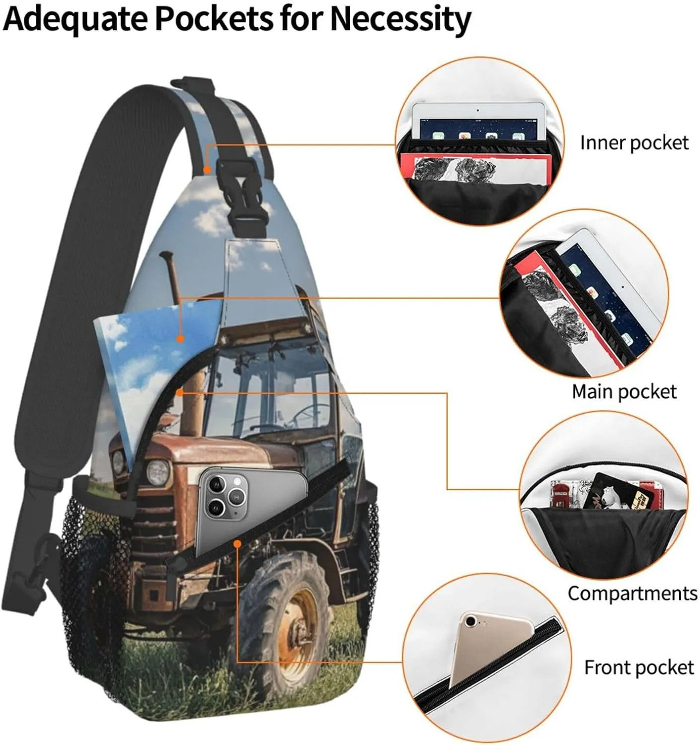 Sling Bag for Men Women Crossbody Backpack Old Tractor Photo Farm Crossbody Bag Chest Bag for Travel Sport