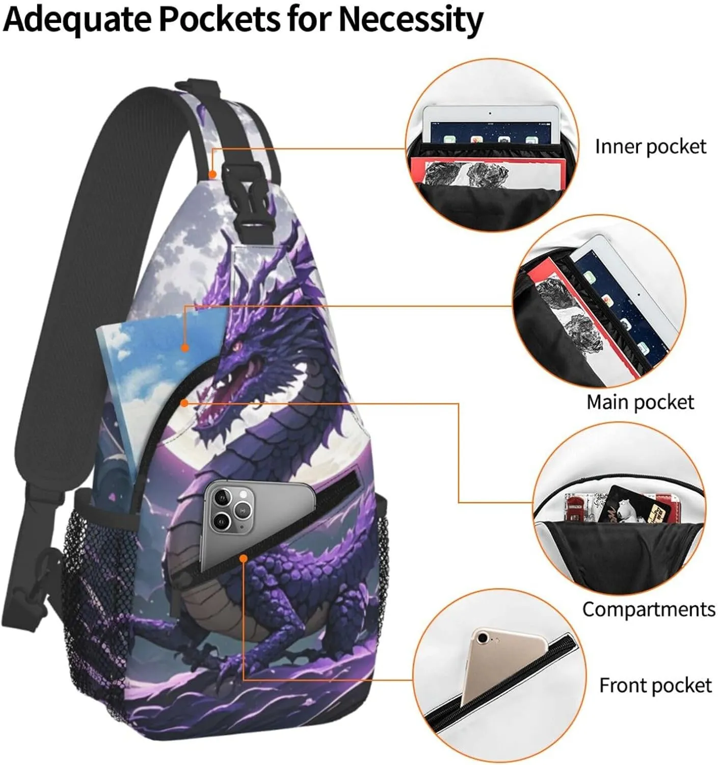Sling Bag for Men Women Crossbody Backpack Purple Dragon Purple Moon Crossbody Bag Chest Bag for Travel Sport