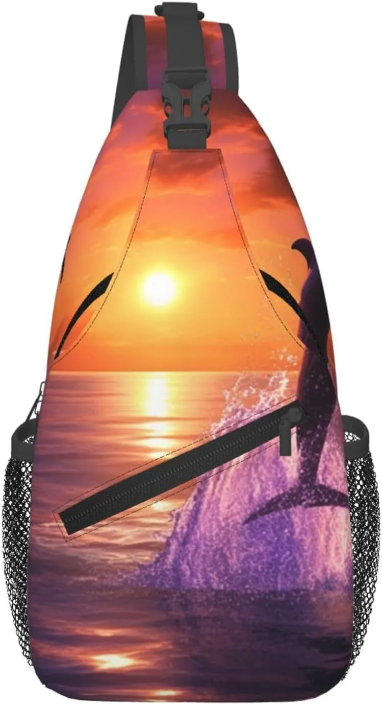 Sling Bag for Men Women Crossbody Backpack sunset dolphins Crossbody Bag Chest Bag for Travel Sport