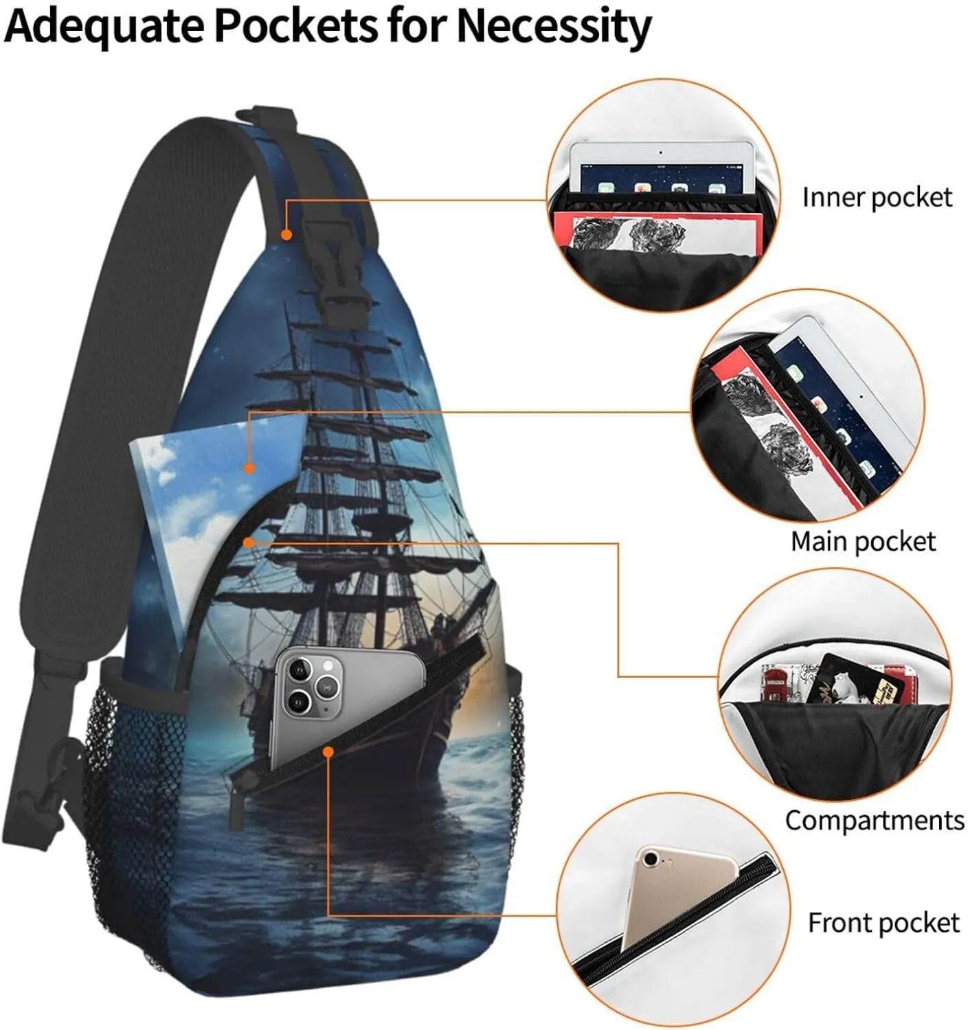 Sling Bag for Men Women Crossbody Backpack Vessel on Dark Night Sea Crossbody Bag Chest Bag for Travel Sport