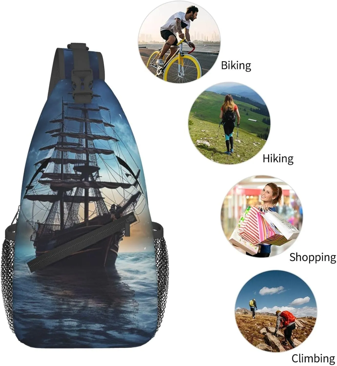Sling Bag for Men Women Crossbody Backpack Vessel on Dark Night Sea Crossbody Bag Chest Bag for Travel Sport