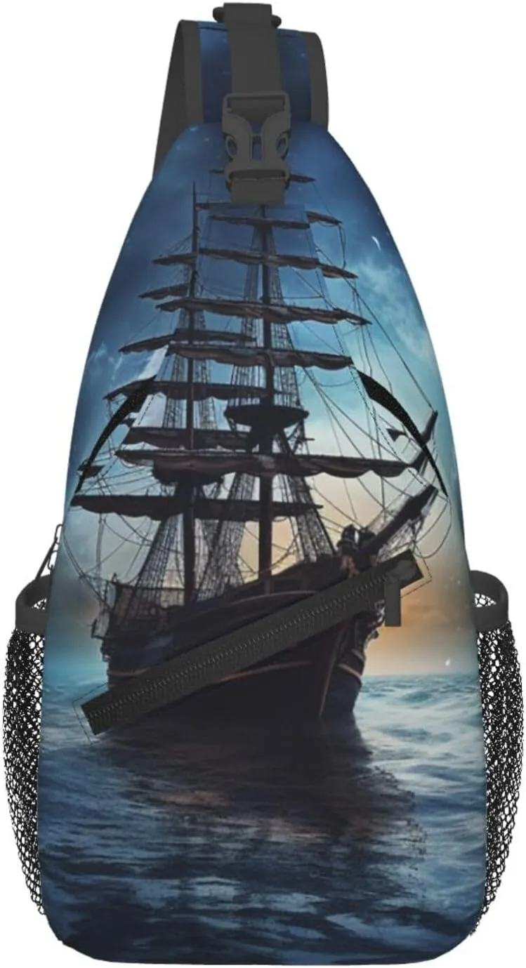Sling Bag for Men Women Crossbody Backpack Vessel on Dark Night Sea Crossbody Bag Chest Bag for Travel Sport