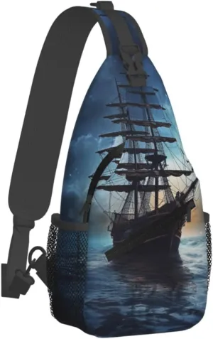 Sling Bag for Men Women Crossbody Backpack Vessel on Dark Night Sea Crossbody Bag Chest Bag for Travel Sport