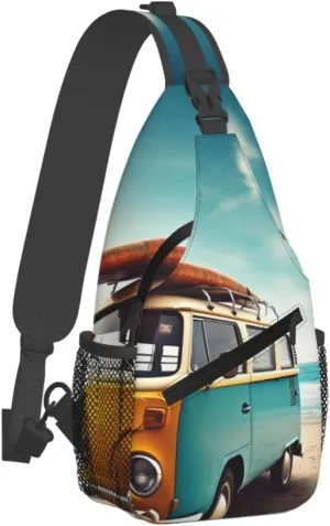 Sling Bag for Men Women Crossbody Backpack Vintage Van in The Beach Crossbody Bag Chest Bag for Travel Sport