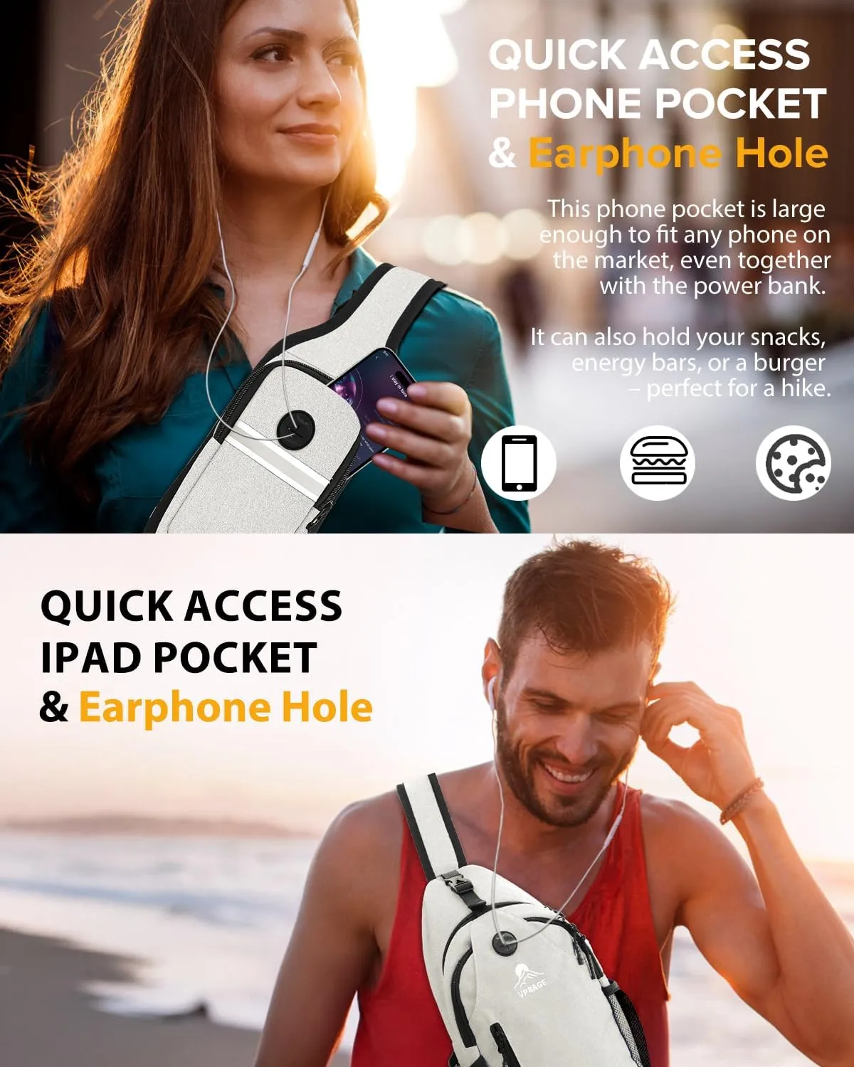 Sling Bag for Men Women, Crossbody Hiking Daypack/Chest Bag/Shoulder Bag, Small Backpack Travel, with Chest Phone Holder
