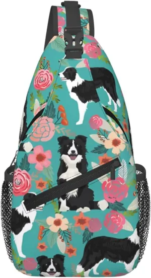 Sling Bags for Women Men Border Collie Florals Sling Backpack Adjustable Belt Bum Bags Fanny Pack for Travel Sports Running Hiking Waist Packs