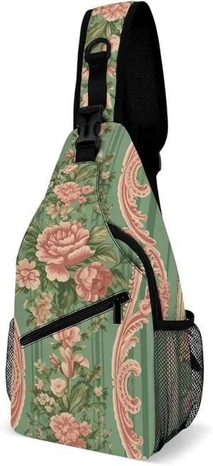 Sling Bags for Women Men Floral Striped Pattern Sling Backpack Adjustable Belt Casual Chest Daypack Bum Bags Fanny Pack for Travel Sports Running Hiking Waist Packs, 38x20cm