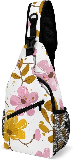 Sling Bags for Women Men Golden Flower Pattern Sling Backpack Adjustable Belt Casual Chest Daypack Bum Bags Fanny Pack for Travel Sports Running Hiking Waist Packs