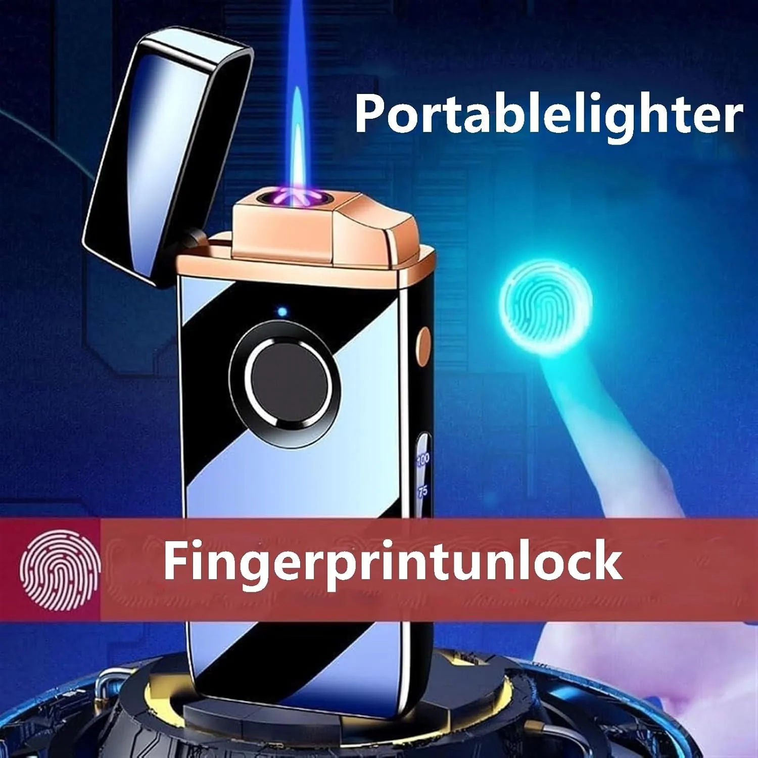 Smart Fingerprint Ignition Electric Lighter, Two Ignition Methods Portable refillable Butane Torch Lighter, Dual-Purpose Windproof Lighter, Suitable for Men's Gifts (Fuel not Included)(Gold)