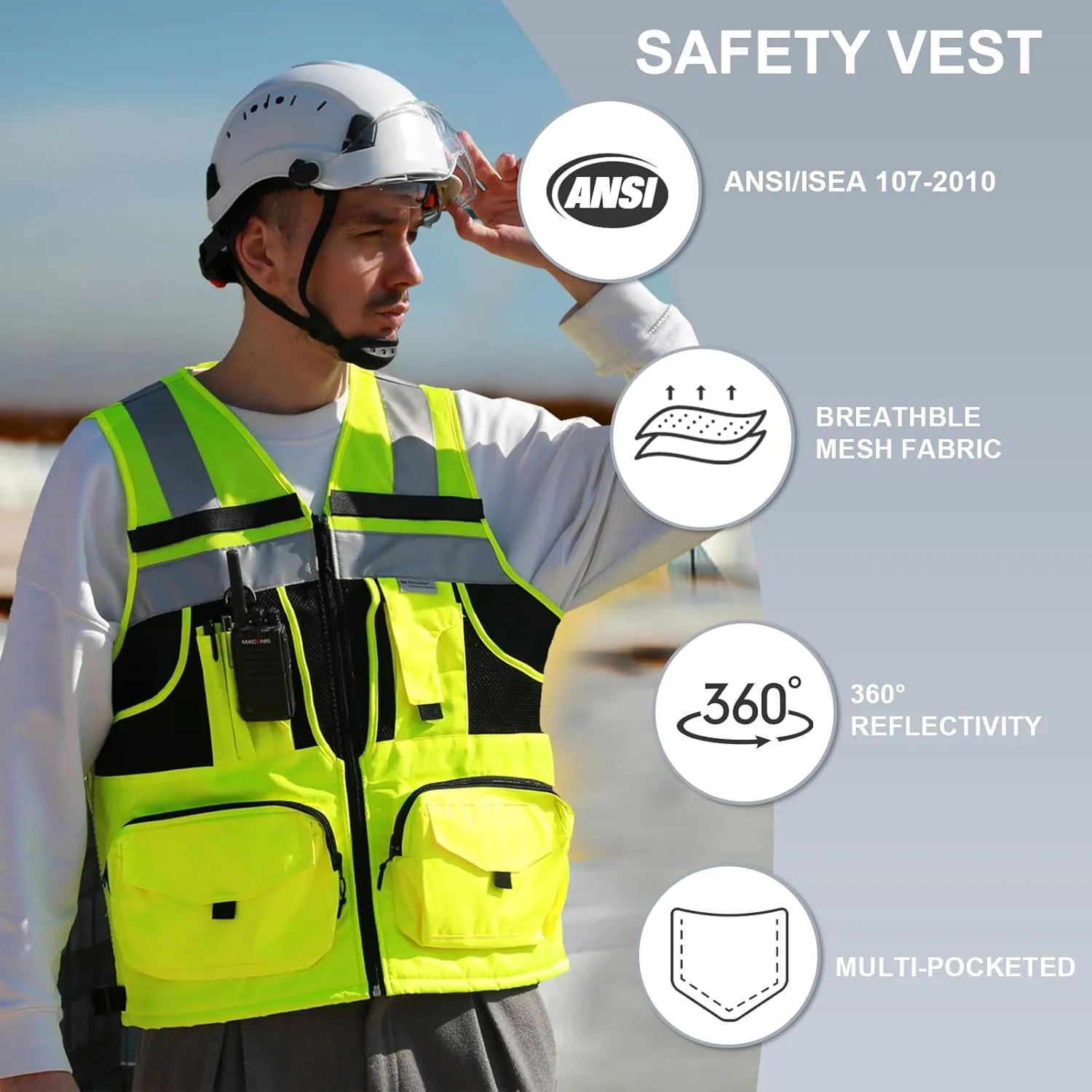 SMASYS Hi Vis Safety Vest with 3M Reflective Tape, knitted and Oxford Fabric with Pockets,Multifunction Construction Workwear