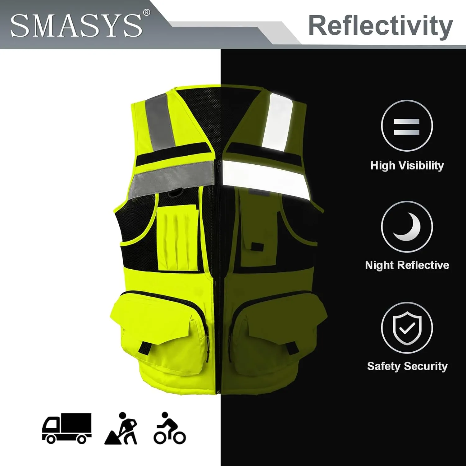 SMASYS Hi Vis Safety Vest with 3M Reflective Tape, knitted and Oxford Fabric with Pockets,Multifunction Construction Workwear