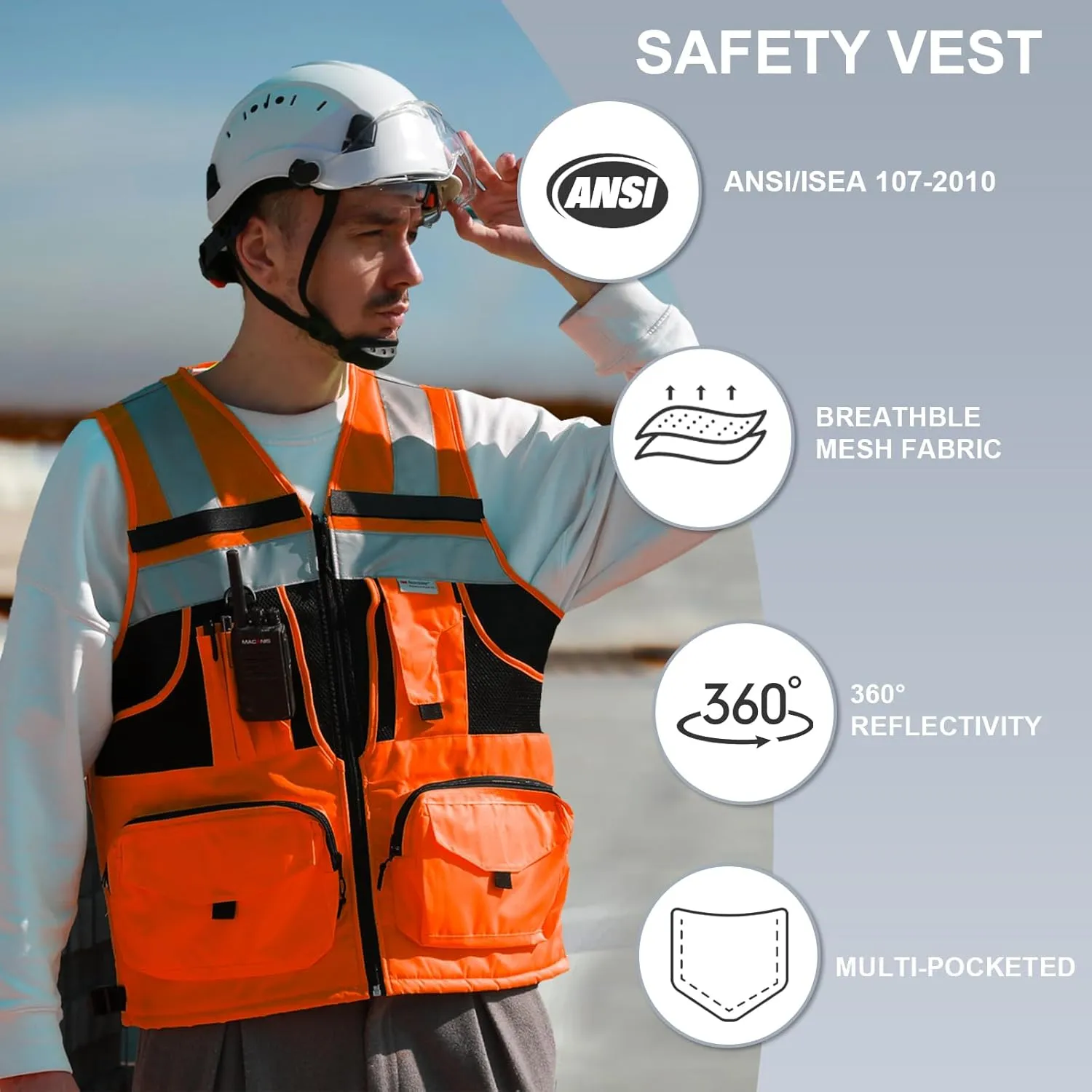 SMASYS Hi Vis Safety Vest with 3M Reflective Tape, knitted and Oxford Fabric with Pockets,Multifunction Construction Workwear